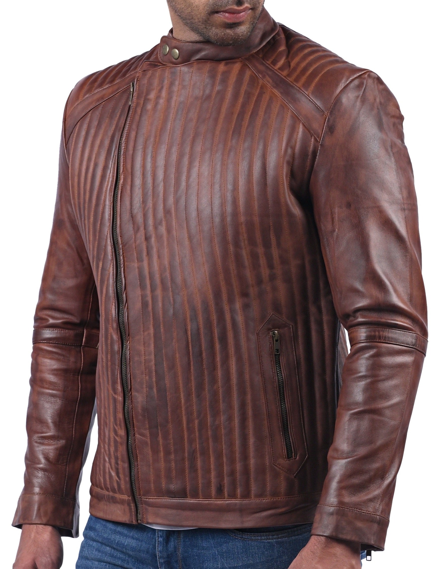 York women’s brown biker jacket with distinctive wavy textured leather design

