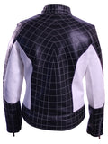 Spider-Man themed genuine leather jacket with red and blue superhero design

