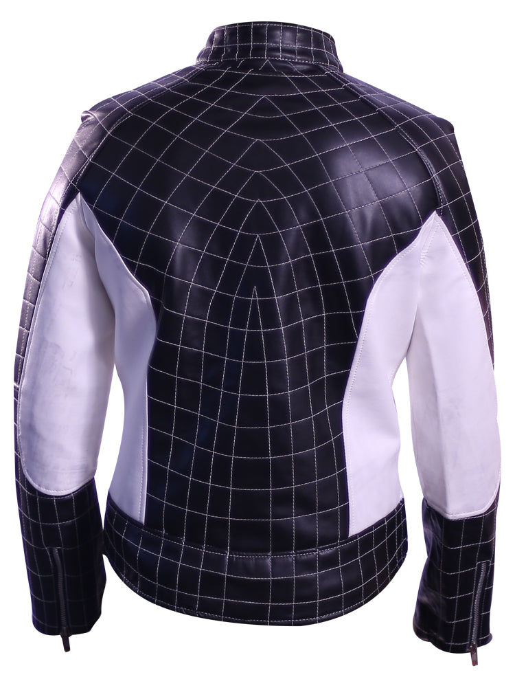 Spider-Man themed genuine leather jacket with red and blue superhero design

