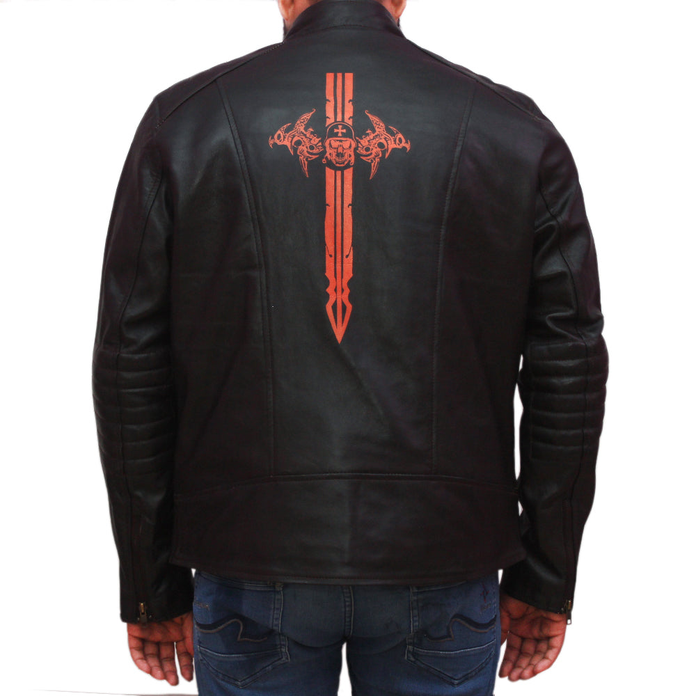 Men’s black genuine leather jacket with skull and sword graphic design

