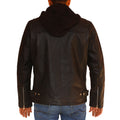 Men’s biker hooded leather jacket with asymmetrical zipper and rugged design

