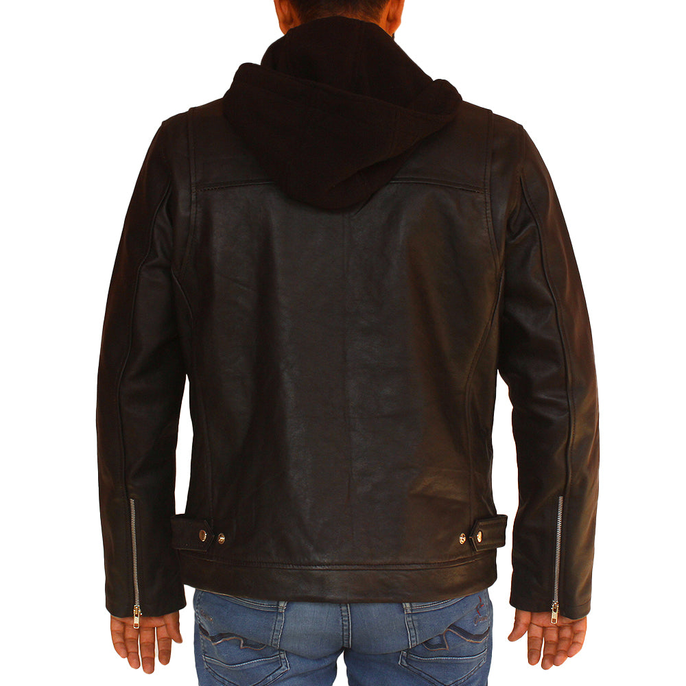 Men’s biker hooded leather jacket with asymmetrical zipper and rugged design

