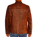 Men’s distressed brown leather jacket with rugged vintage finish and front zipper

