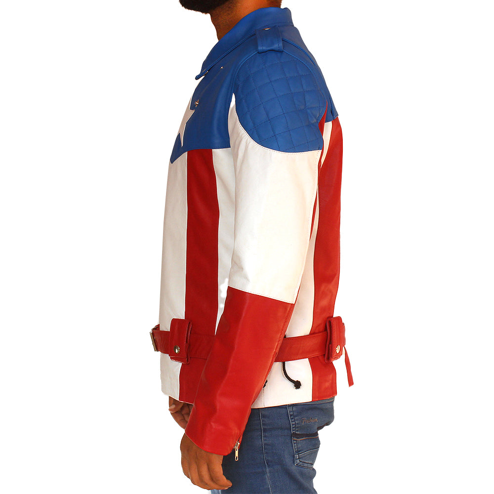 Chris Evans Captain America leather jacket with star emblem and patriotic design

