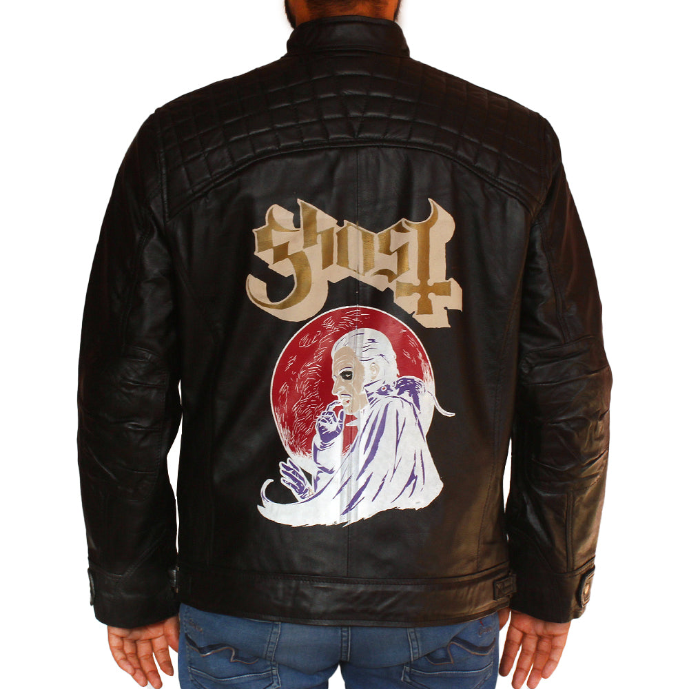Men’s Ghost black biker leather jacket with front zipper and sculpted fit


