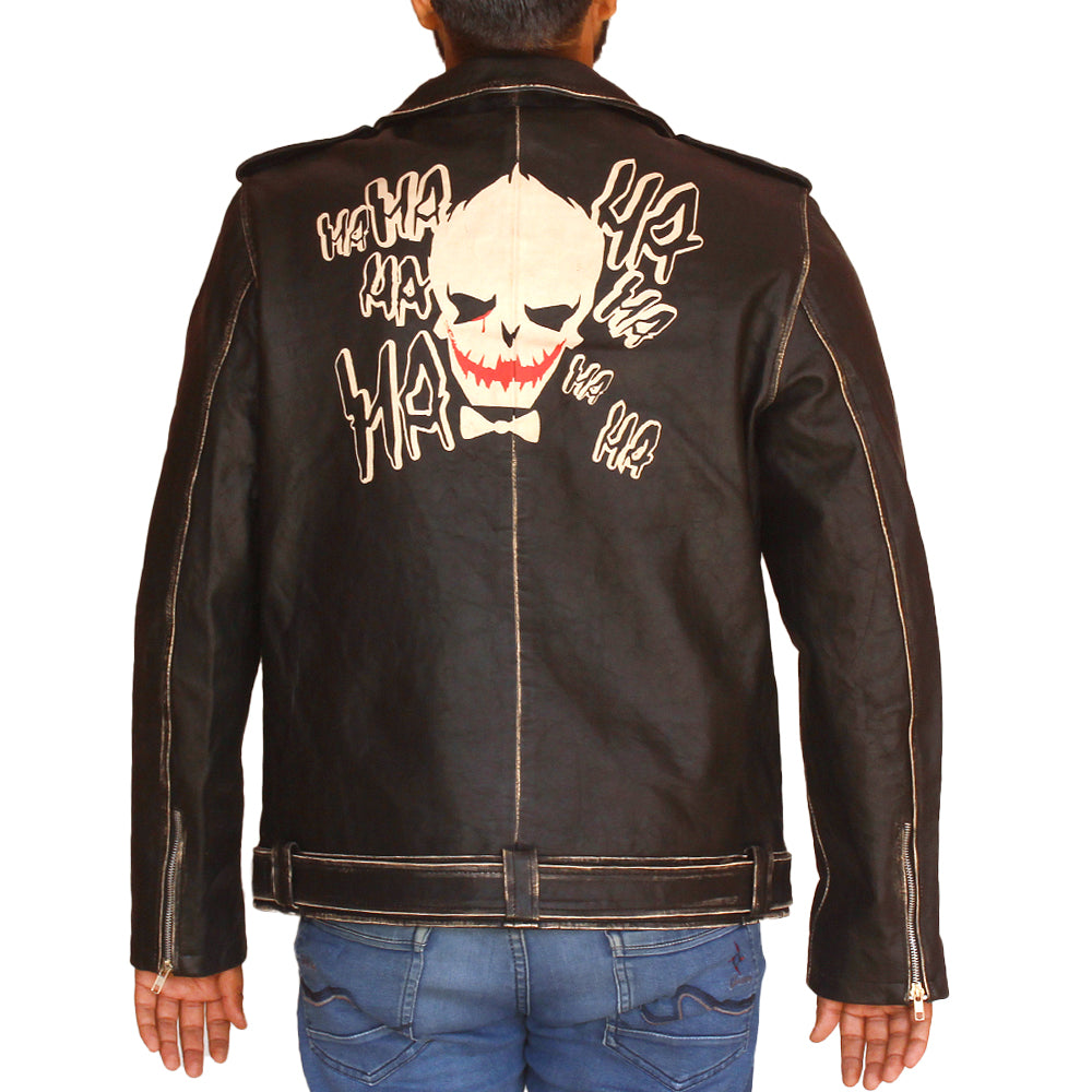 Men’s Halloween leather jacket with skull and dark spooky design in black

