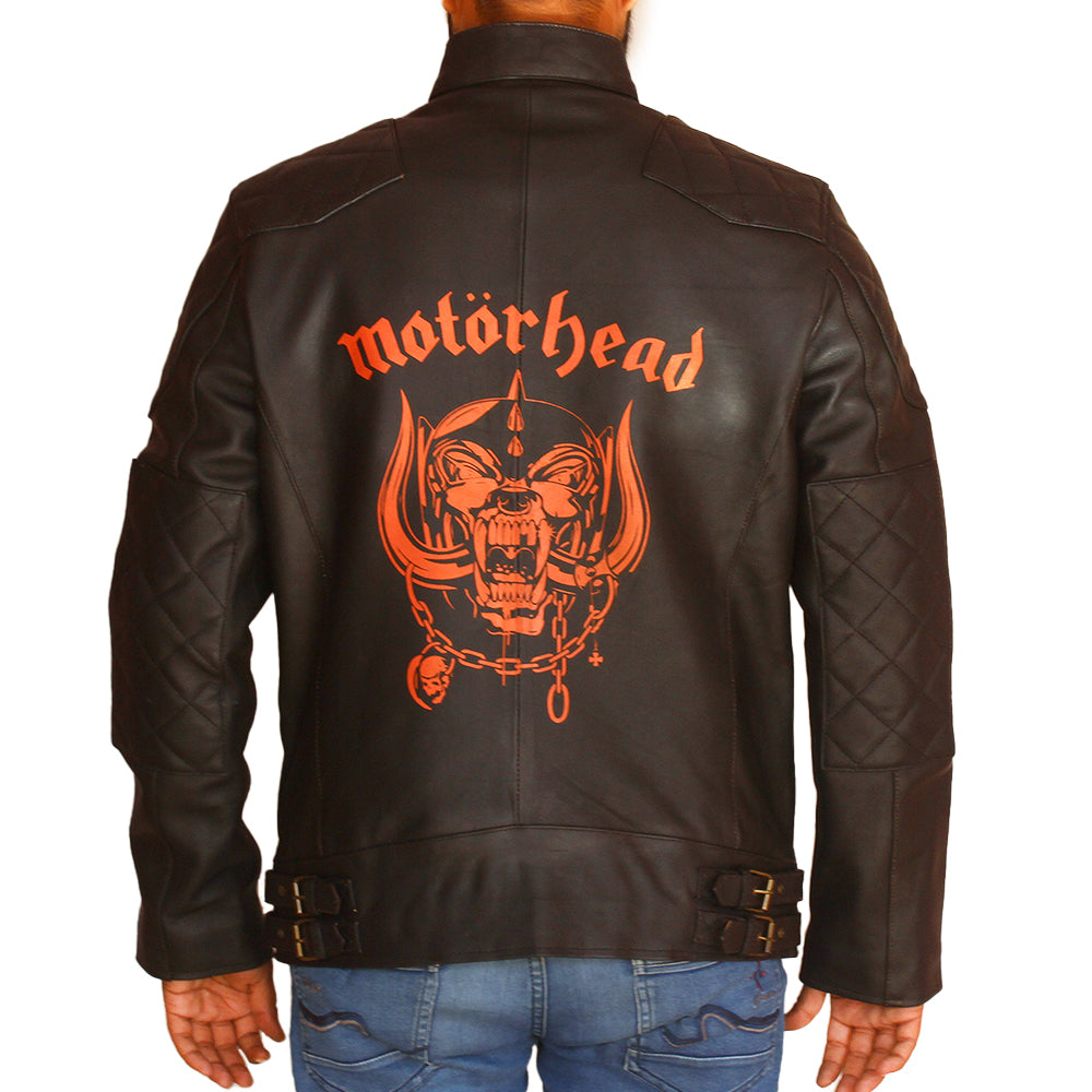 Men’s Halloween motorcycle leather jacket with spooky skull and flame graphics

