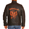 Men’s Halloween motorcycle leather jacket with spooky skull and flame graphics

