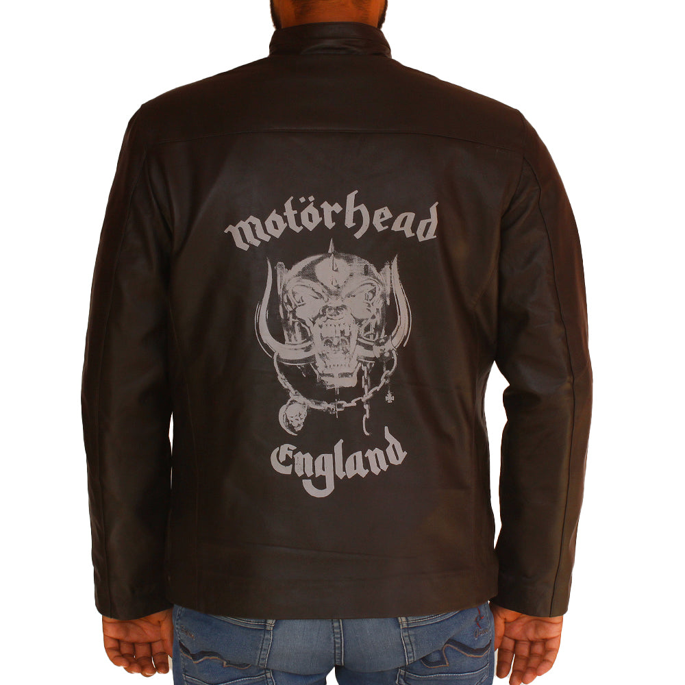 Men’s Halloween Motorhead leather jacket with skull and flame design

