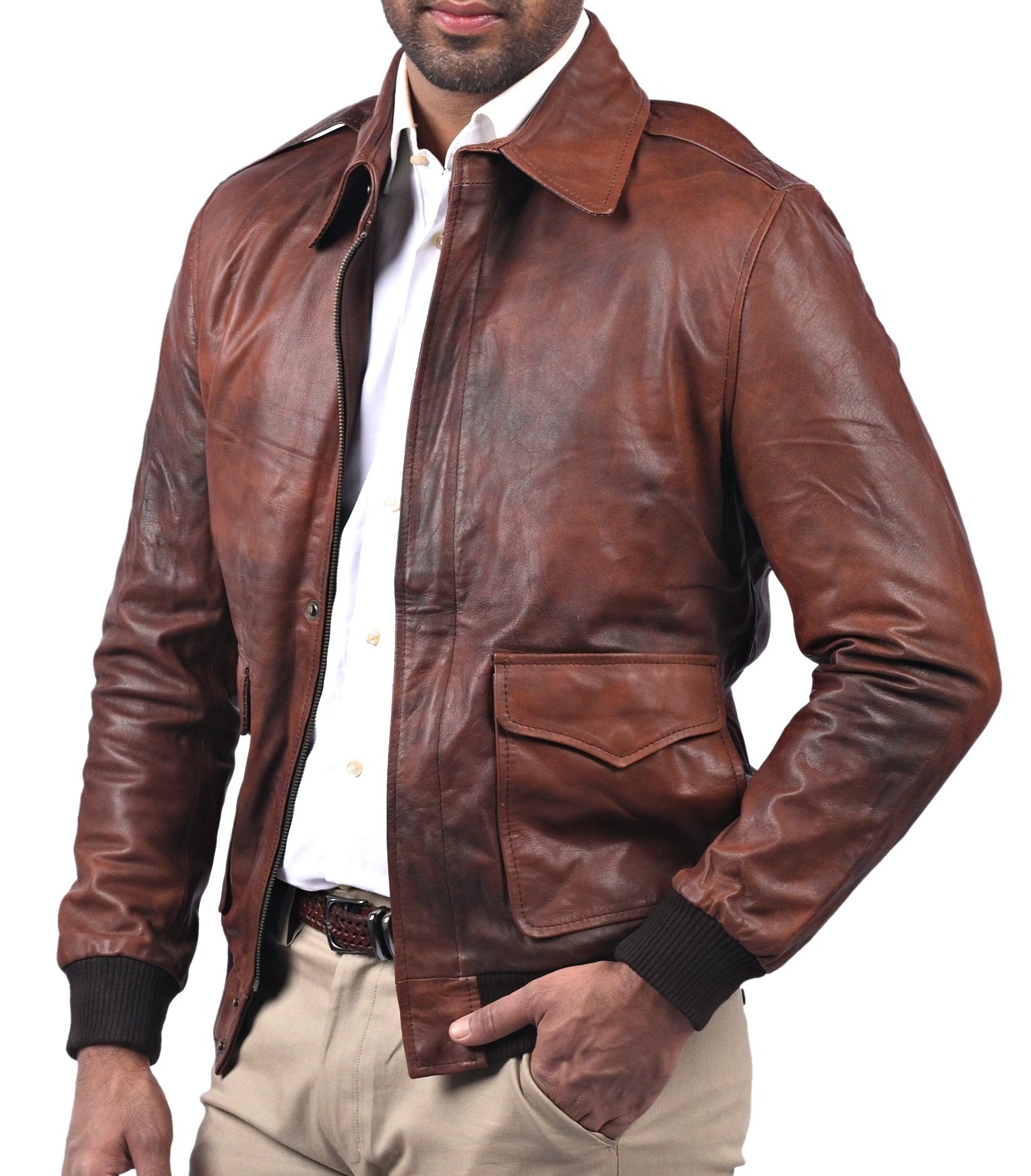 Aviator A2 men’s brown leather pilot bomber jacket with front zipper and flap pockets

