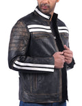 Men’s black distressed real cow leather jacket with rugged finish and zip-up front

