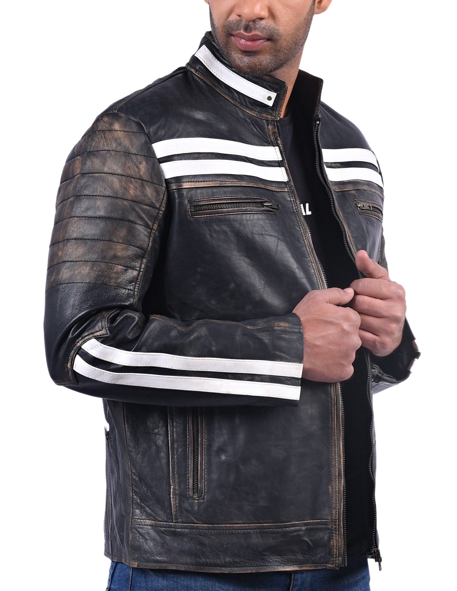 Men’s black distressed real cow leather jacket with rugged finish and zip-up front

