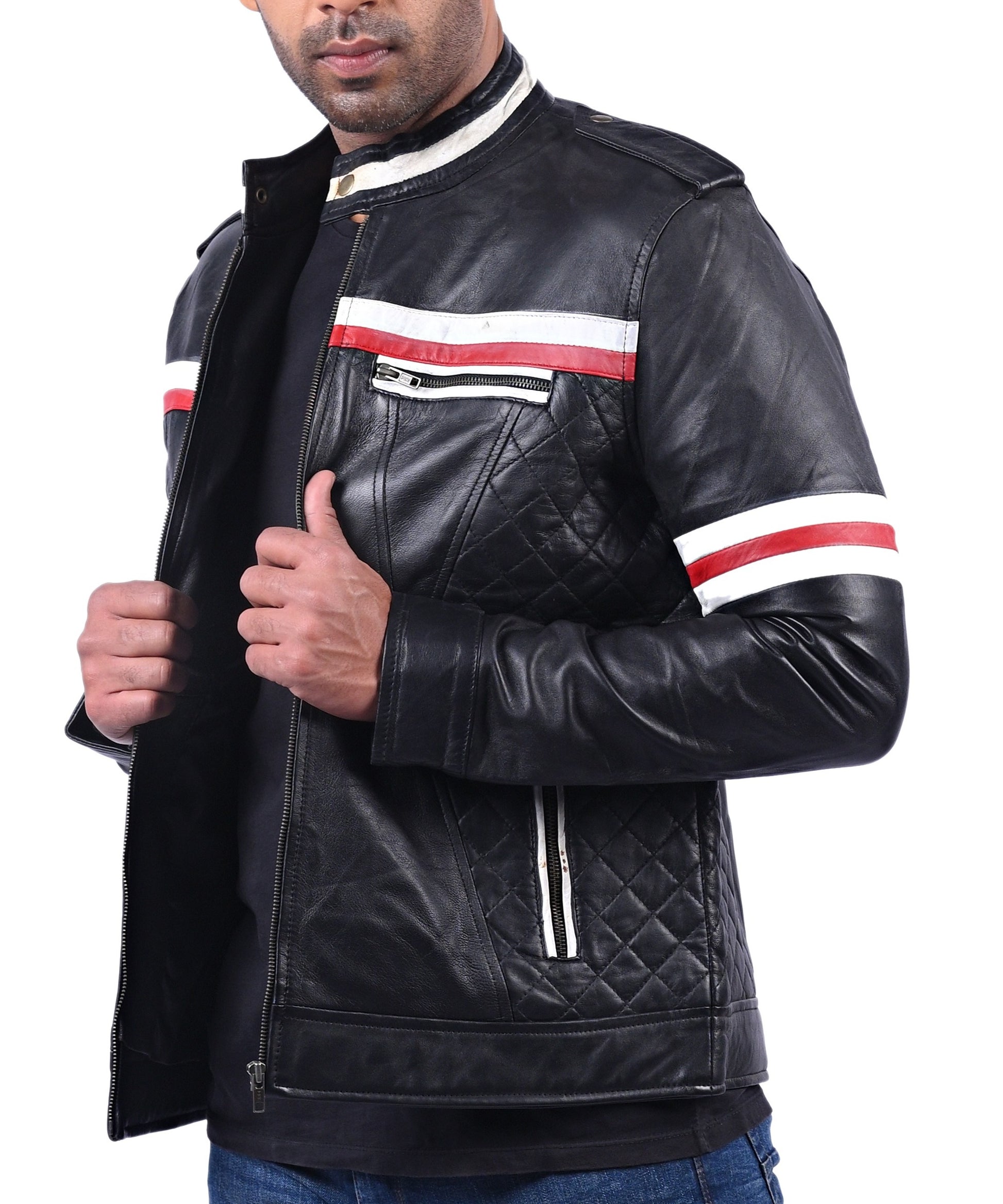 Black men’s quilted leather jacket with stylish modern fit and padded design

