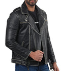 Men’s distressed black biker leather jacket with front zipper and rugged texture

