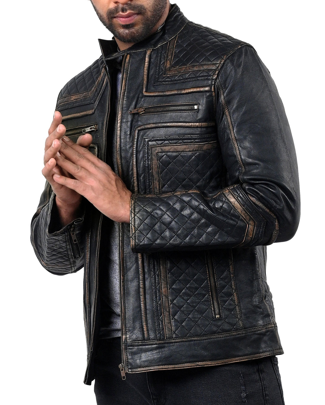 Fast Lemmy black motorcycle leather jacket with front zipper and zippered pockets

