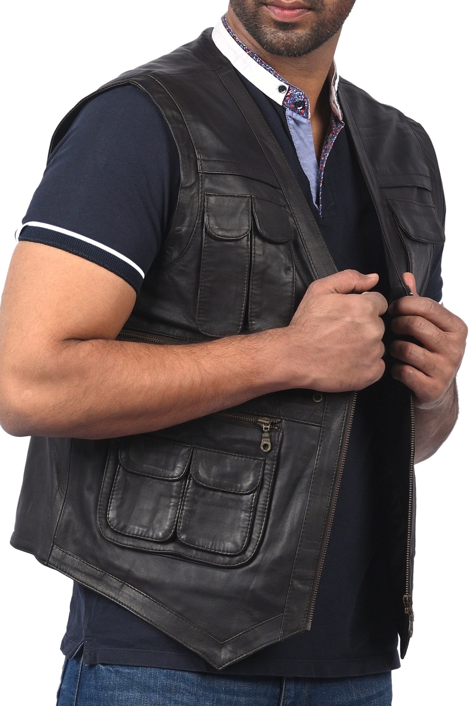 Basingstoke men’s black leather vest with front zipper and zippered pockets


