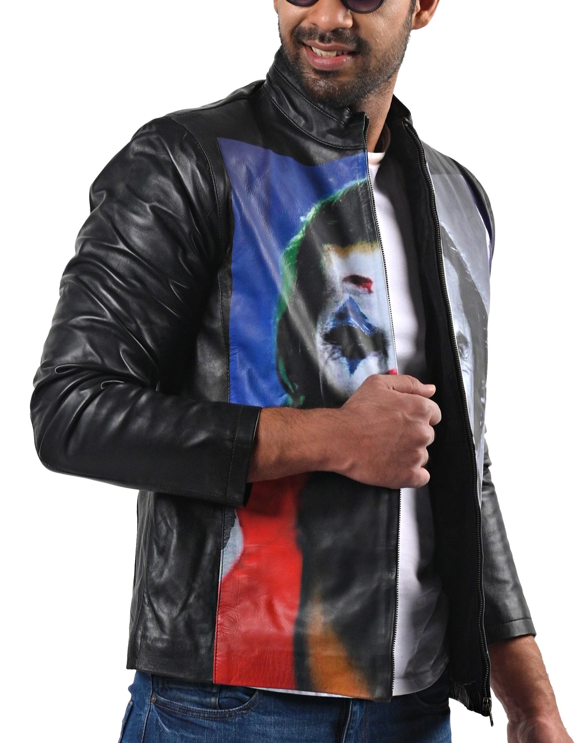 The Joker men’s Halloween leather jacket in black and purple with bold graphic design

