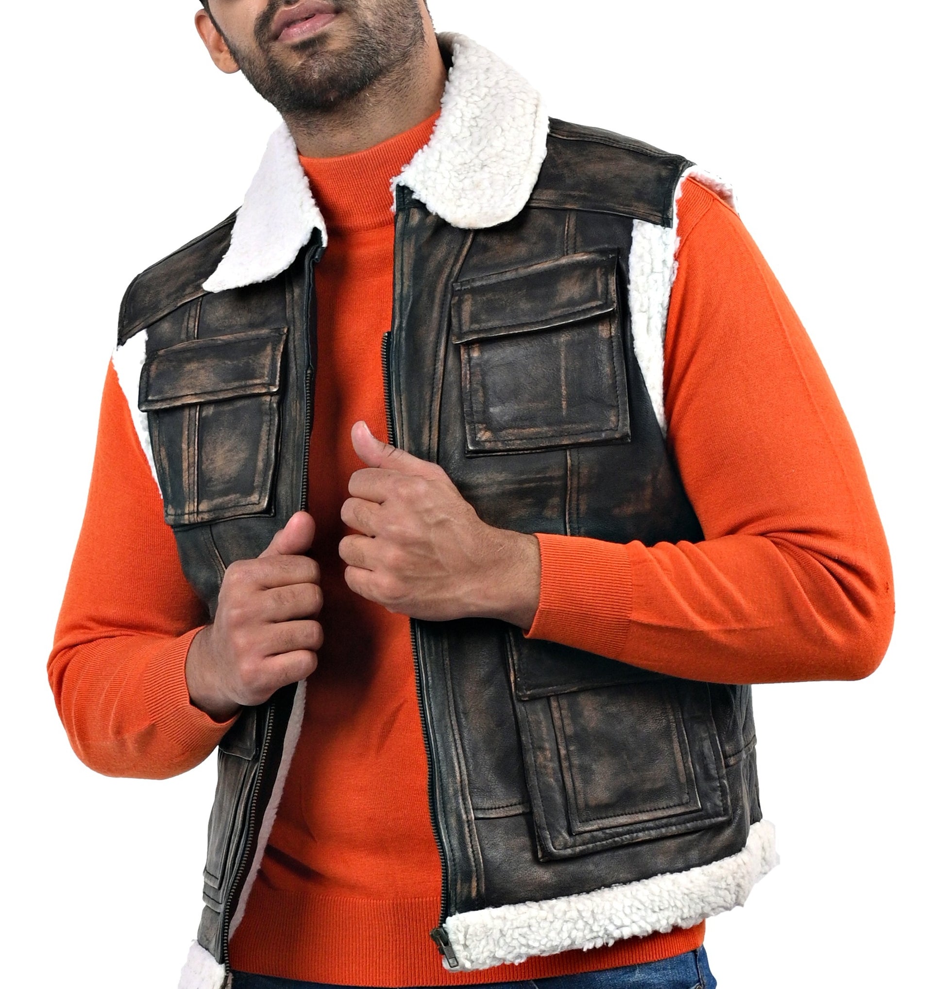 Basildon distressed brown leather aviator vest with fur collar and front zip closure

