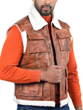 Axbridge aviator vest in tan real leather with front zip closure and shearling trim

