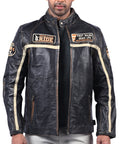 Men’s black leather jacket with beige racing stripes and front zip closure

