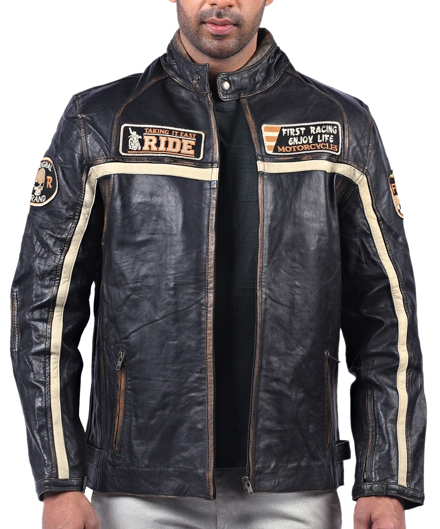 Men’s black leather jacket with beige racing stripes and front zip closure

