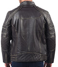 Men’s black distressed cowhide leather jacket with front zipper and rugged texture

