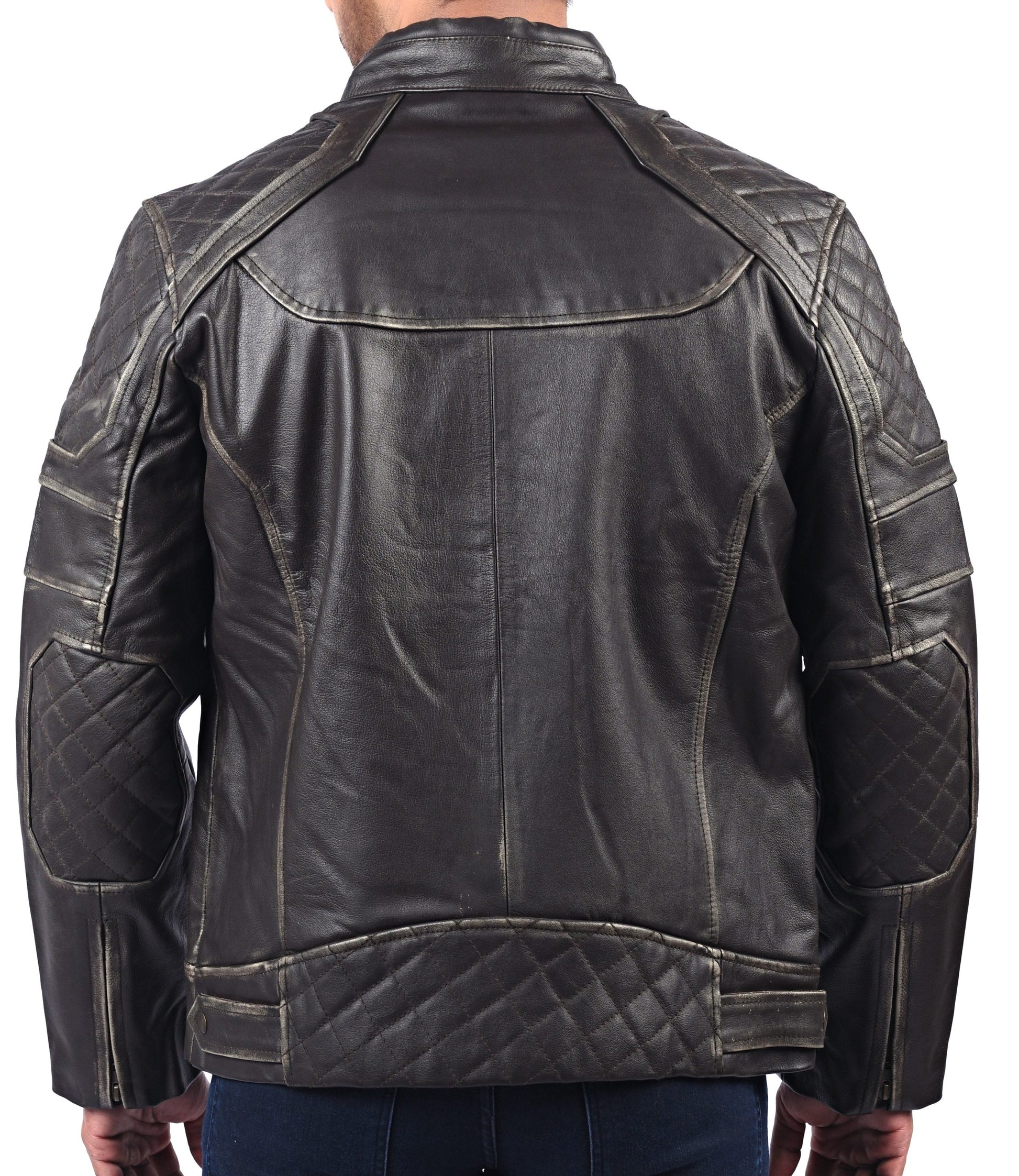 Men’s black distressed cowhide leather jacket with front zipper and rugged texture

