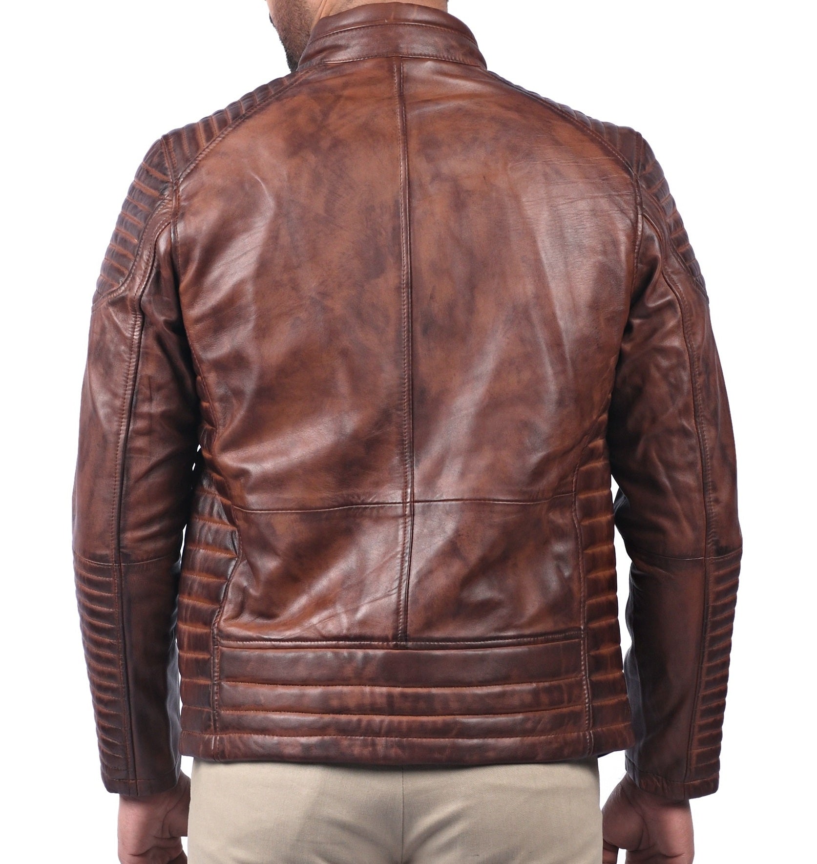 Men’s classic brown waxed real leather jacket with front zipper and multiple pockets

