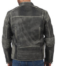 Men’s distressed gray cafe racer leather jacket with front zipper and slim fit

