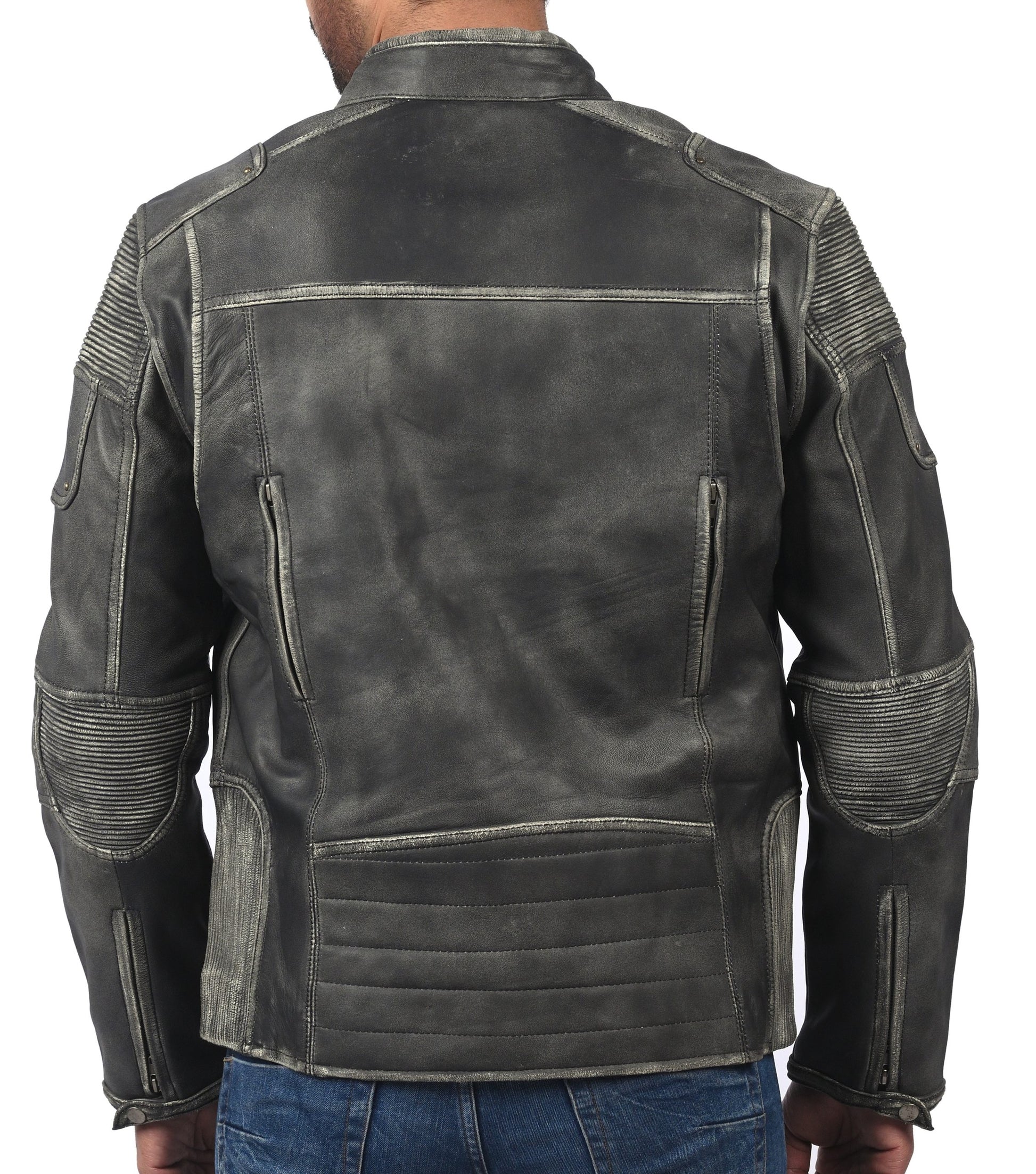 Men’s distressed gray cafe racer leather jacket with front zipper and slim fit

