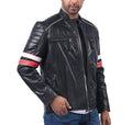 Men’s black biker leather jacket with red, white, and blue multi-stripe sleeve accents

