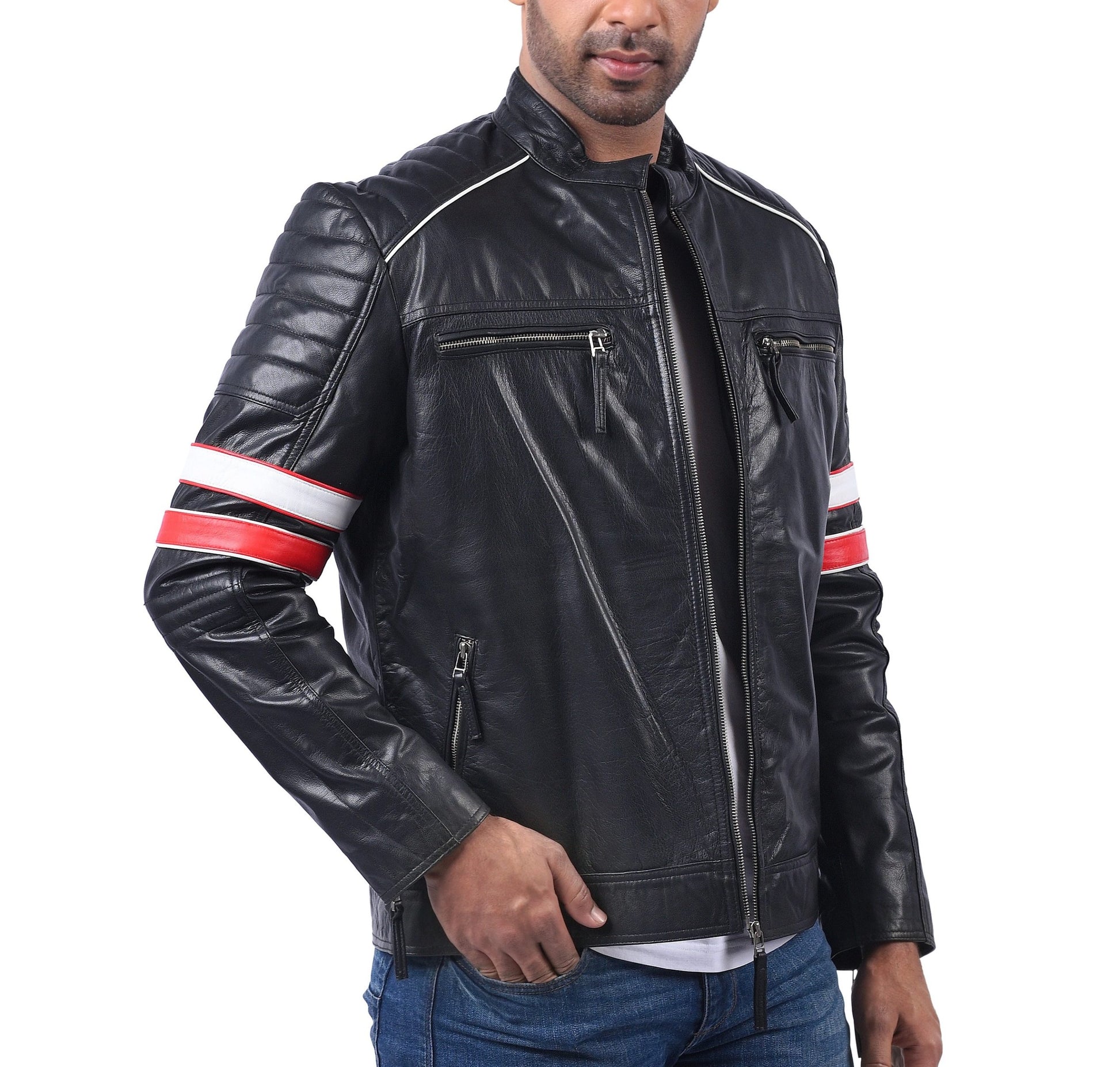 Men’s black biker leather jacket with red, white, and blue multi-stripe sleeve accents

