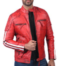 Plymouth men’s red leather biker jacket with asymmetrical front zip and classic lapel collar

