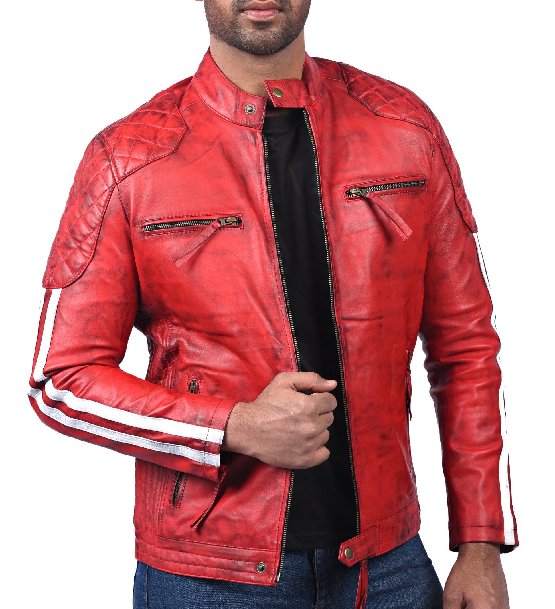 Plymouth men’s red leather biker jacket with asymmetrical front zip and classic lapel collar

