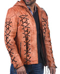 Roy Harper Arrow men’s tan waxed real leather hoodie jacket with front zip closure

