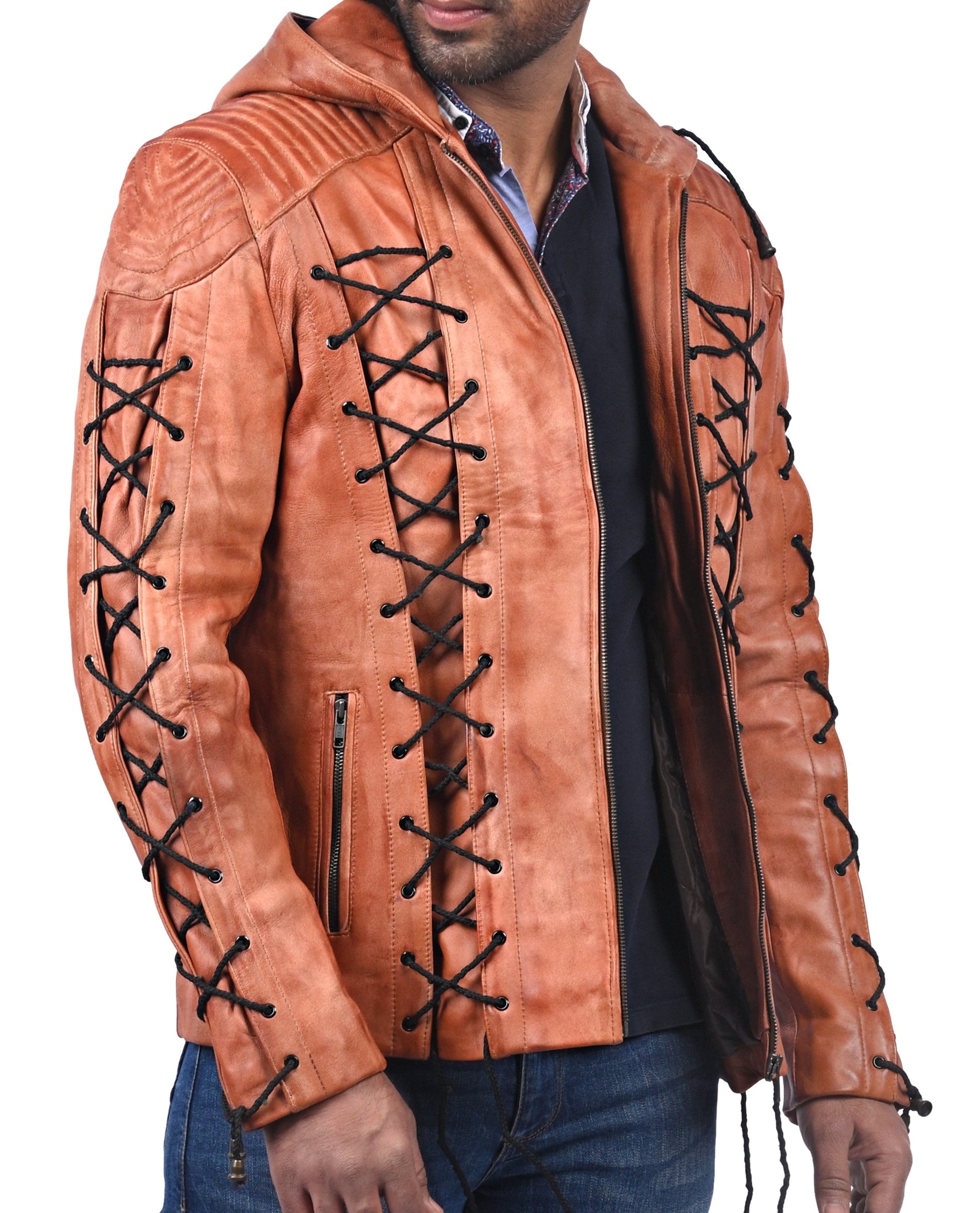 Roy Harper Arrow men’s tan waxed real leather hoodie jacket with front zip closure


