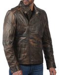 Triple Stitch women’s distressed brown leather jacket with double-breasted front and rugged finish

