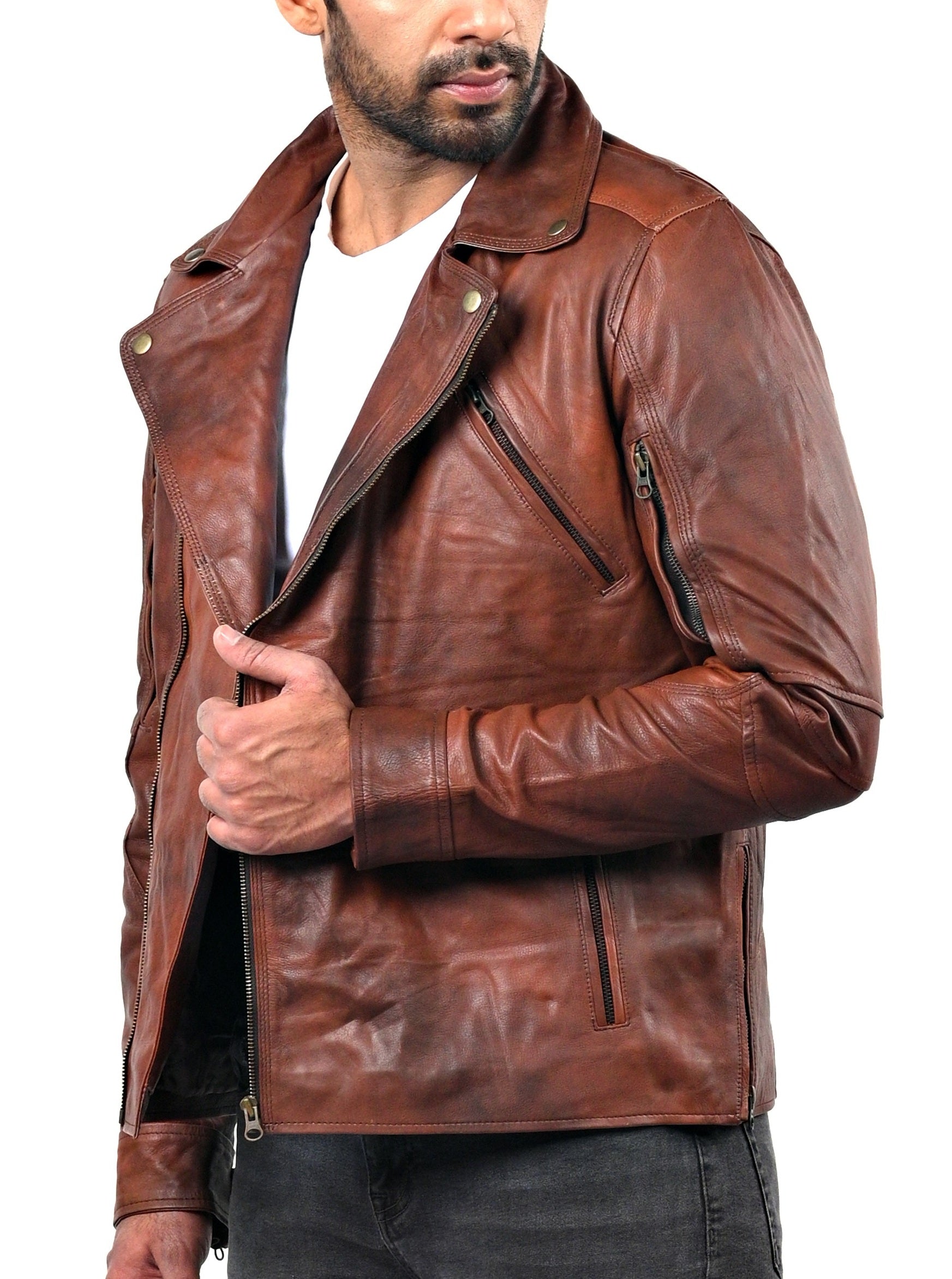 Triple Stitch men’s distressed camel leather jacket with double-breasted front and rugged finish

