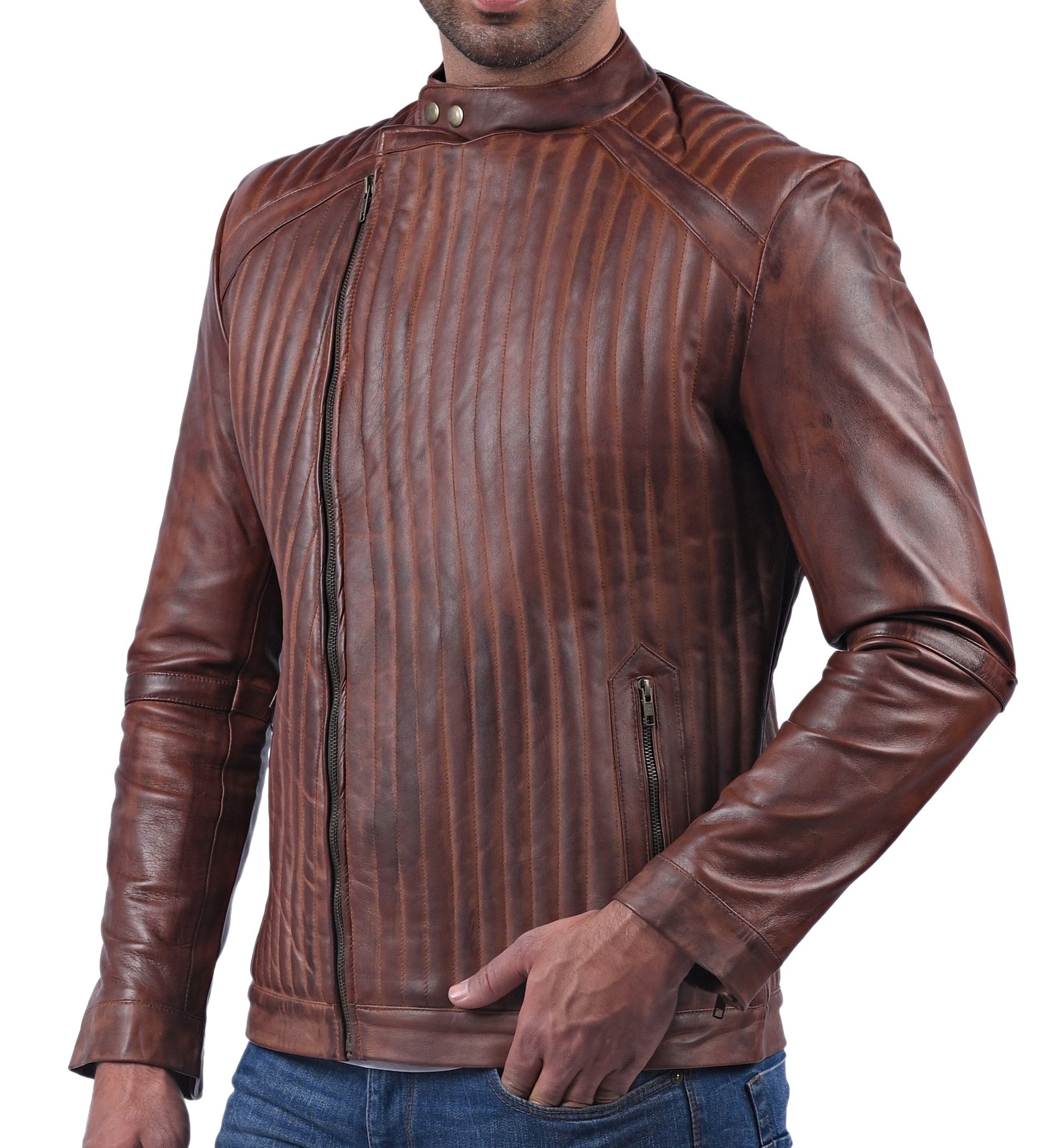 York women’s brown biker jacket with distinctive wavy textured leather design

