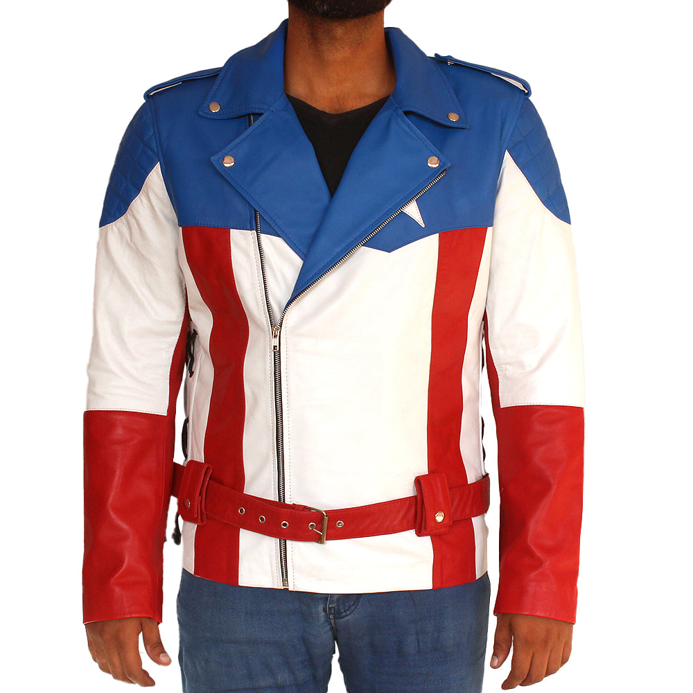 Chris Evans Captain America leather jacket with star emblem and patriotic design

