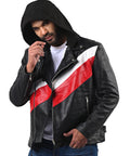 Ross Butler men’s black leather jacket with classic tailored fit and zip front

