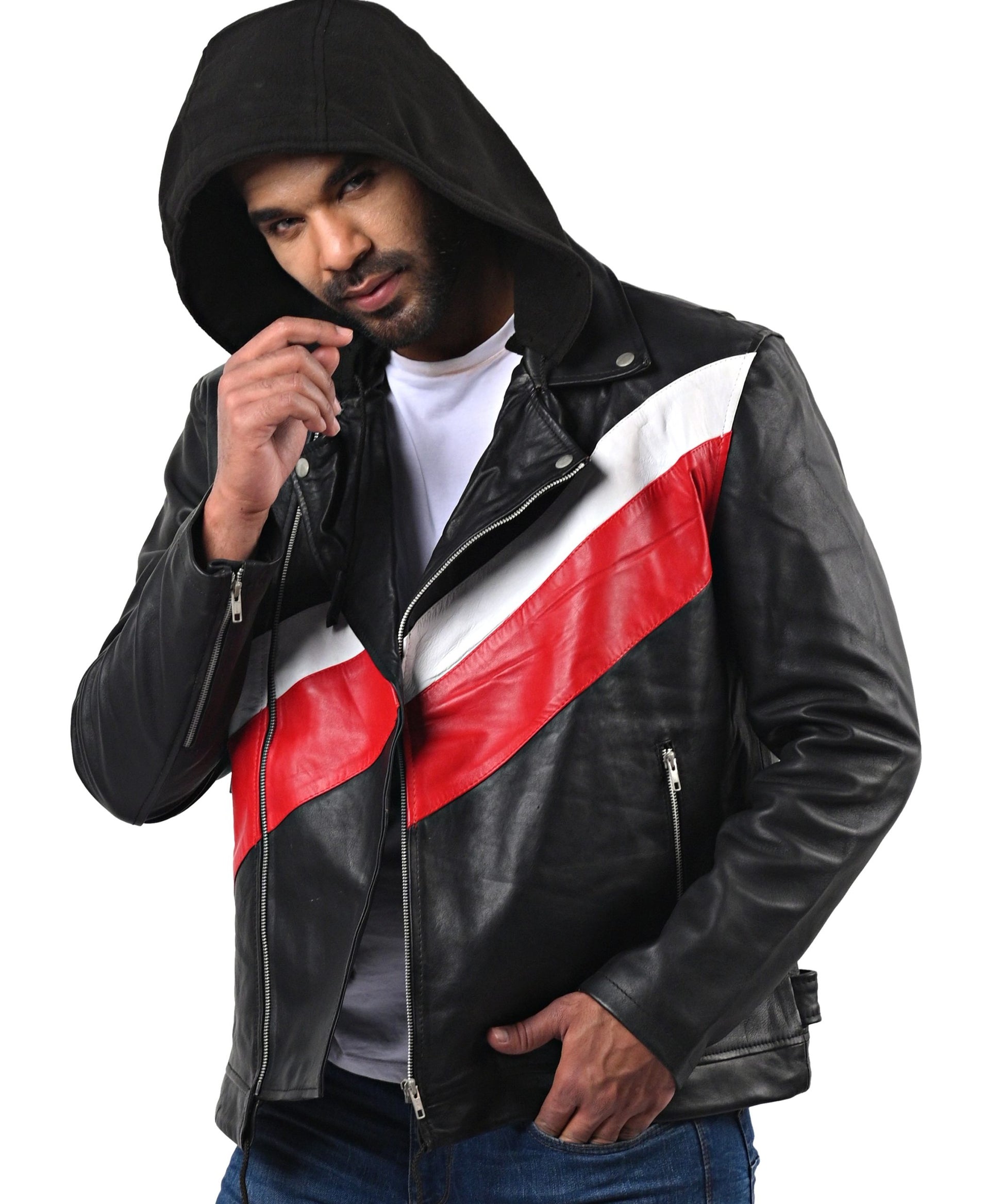 Ross Butler men’s black leather jacket with classic tailored fit and zip front

