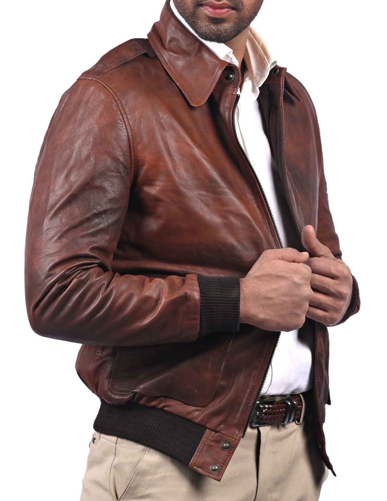 Aviator A2 men’s brown leather pilot bomber jacket with front zipper and flap pockets

