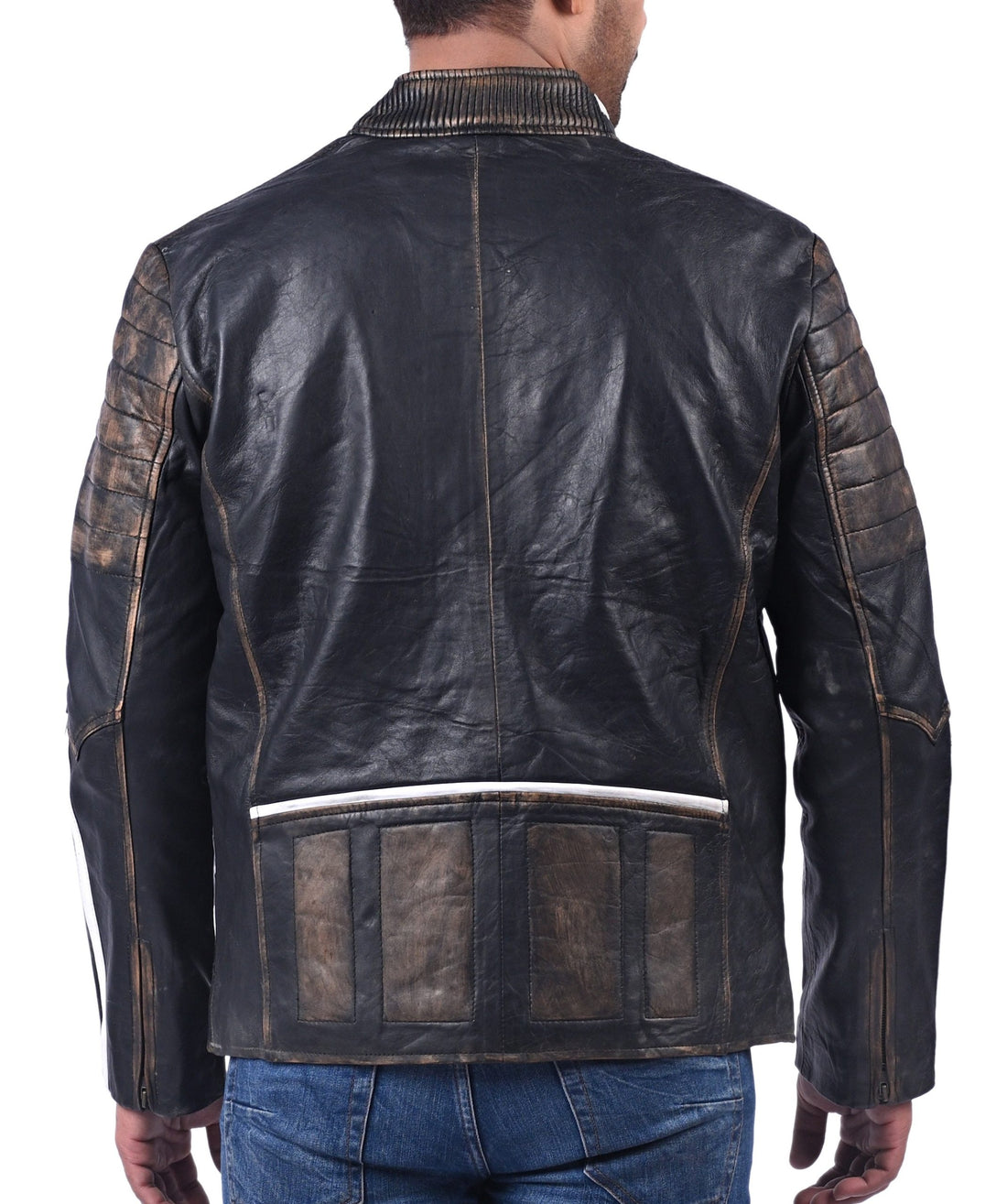 Men’s black distressed real cow leather jacket with rugged finish and zip-up front

