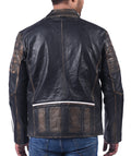 Men’s black distressed real cow leather jacket with rugged finish and zip-up front

