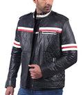 Black men’s quilted leather jacket with stylish modern fit and padded design

