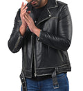 Men’s distressed black biker leather jacket with front zipper and rugged texture

