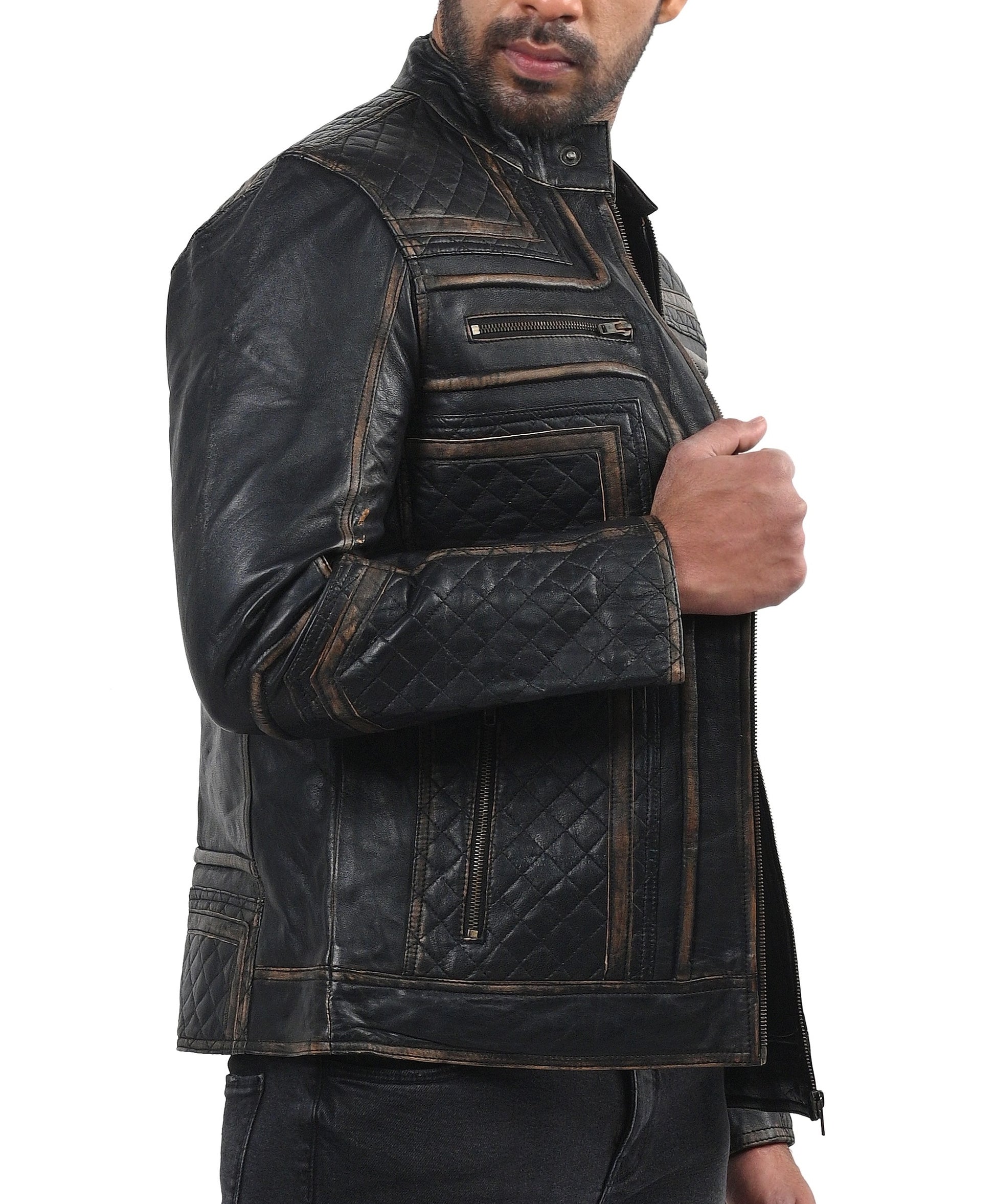 Fast Lemmy black motorcycle leather jacket with front zipper and zippered pockets

