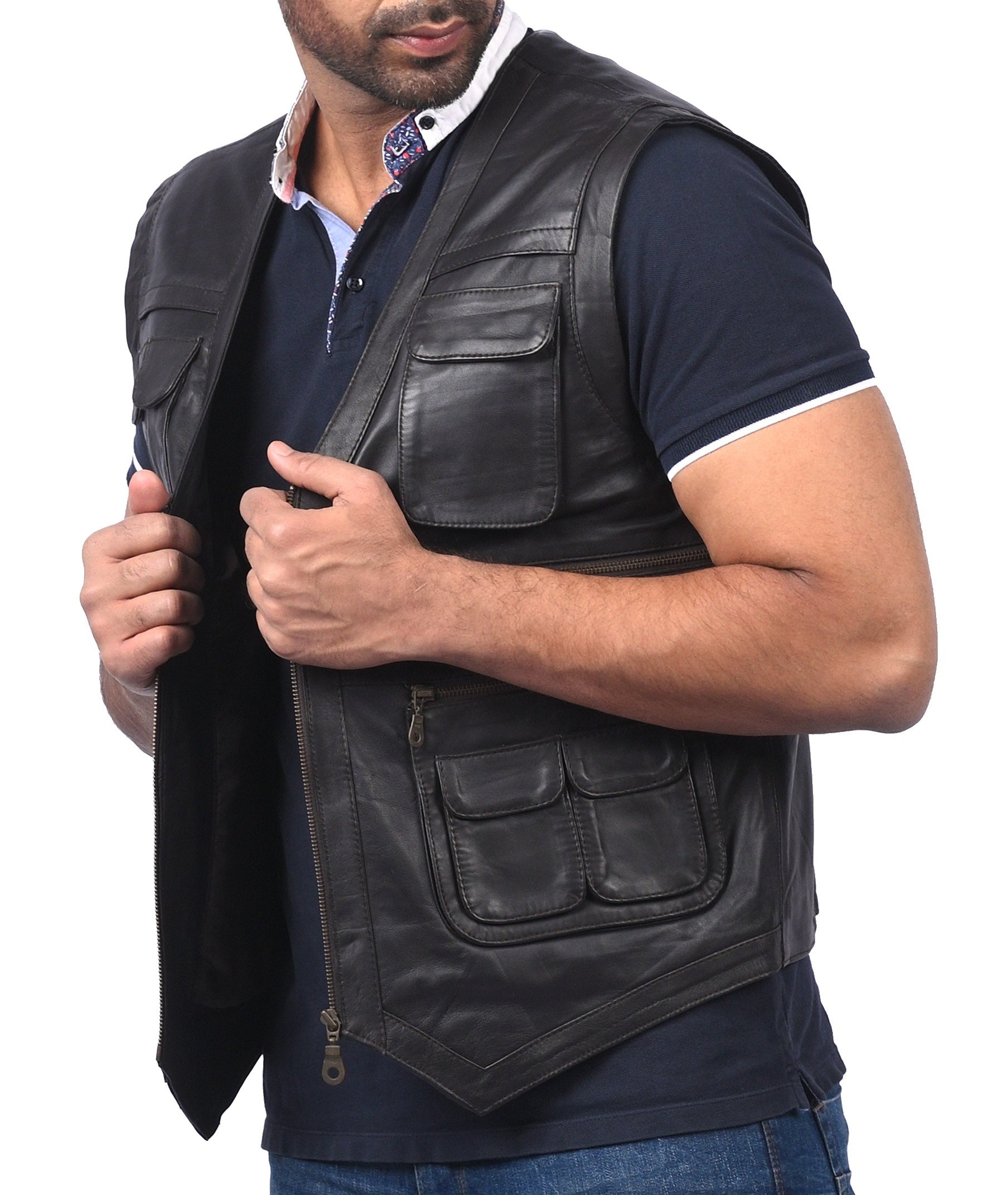 Basingstoke men’s black leather vest with front zipper and zippered pockets

