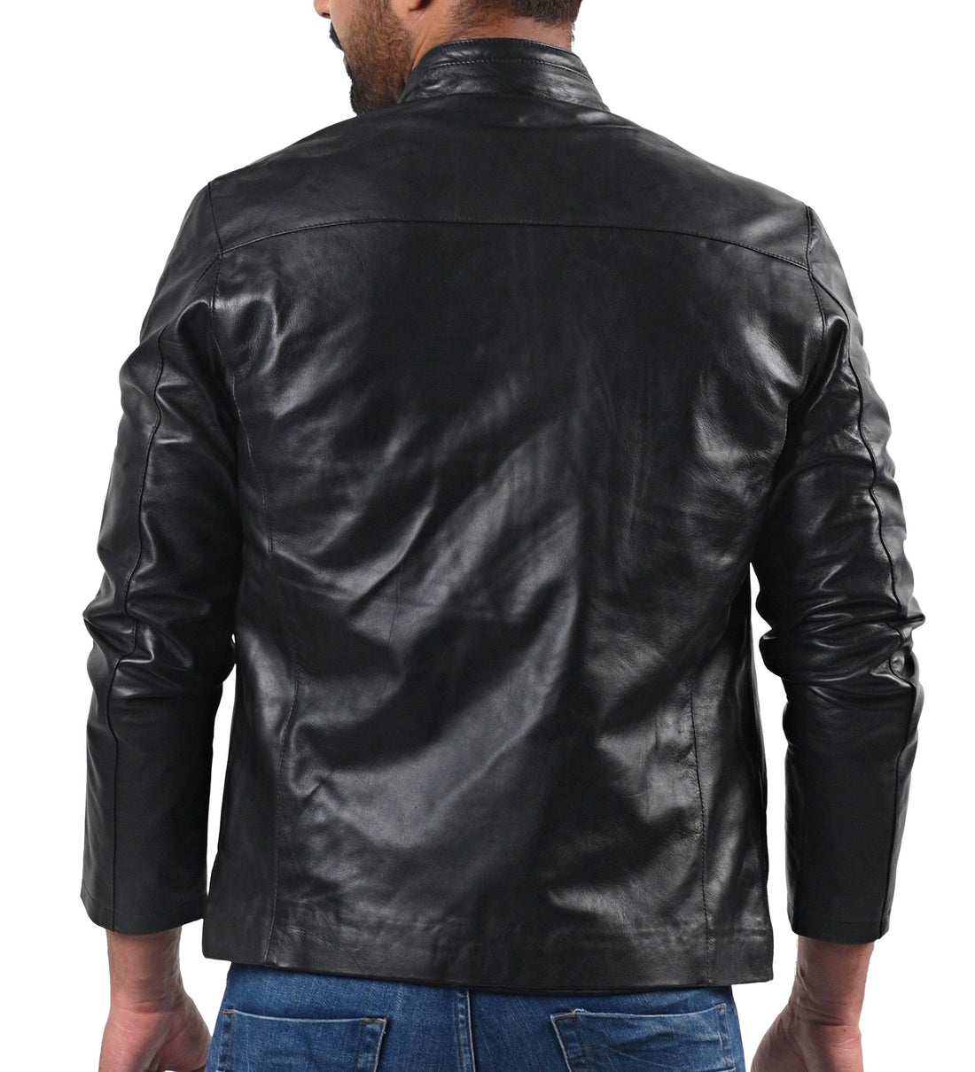 The Joker men’s Halloween leather jacket in black and purple with bold graphic design

